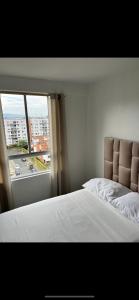 1 dormitorio con cama y ventana grande en Valle del lili cozy apartment, en Cali