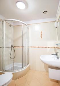 W łazience znajduje się prysznic i umywalka. w obiekcie Duży Apartament Duszniki-Zdrój w mieście Duszniki Zdrój