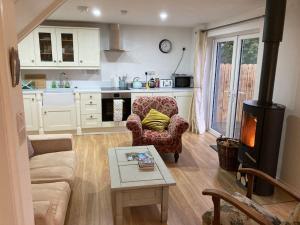 a living room with a couch and a stove at The Burren Snug in Galway