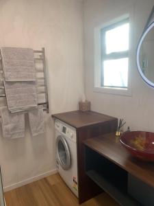 a laundry room with a washing machine and a sink at Bellevue Haven in Masterton