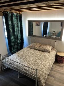 Le cocoon Nuits في نوي سان جورج: غرفة نوم بسرير ومرآة كبيرة