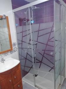 ein Bad mit einer Dusche und einem Waschbecken in der Unterkunft Apartamento El Prado in Almazán