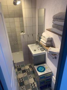 een badkamer met een toilet, een wastafel en een spiegel bij la parisienne ( 4 km de rouen ) in Le Mesnil-Esnard