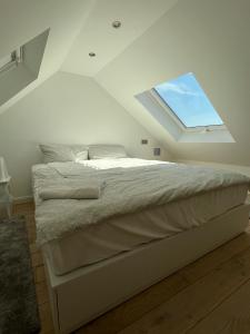 a bedroom with a large bed with a skylight at Ruhrgebiet-Apartments in Duisburg Stadtmitte in Duisburg