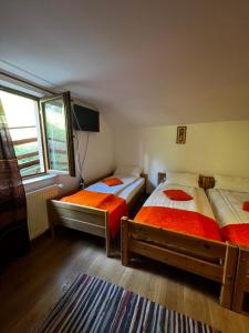 una camera da letto con due letti e una TV a parete di Vila Ioana a Râu de Mori
