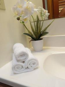a bathroom sink with towels and a vase with flowers at Kilauea iki- Hale Kumu La'au in Volcano