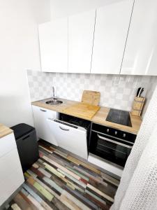 a kitchen with a stove and a sink in it at Apartmani Nika in Slatine