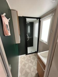 a bathroom with a shower and a sink and a mirror at Mobil home 6/8 personnes aux Mathes / La Palmyre in Les Mathes