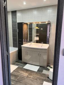 a bathroom with a sink and a mirror and a tub at Chez Saliha et Serge in Lamarche-sur-Saône +16 photos