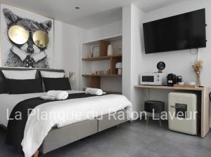 ein Schlafzimmer mit einem Bett und einem TV an der Wand in der Unterkunft La planque du raton laveur in Lierneux