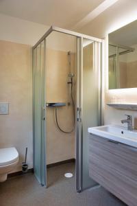 a bathroom with a shower and a sink and a toilet at Ferienanlage - Zum See in Plau am See