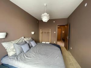 - une chambre avec un lit et un lustre dans l'établissement Macropolis Apartments, à Miskolc