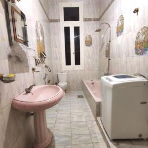 a bathroom with a pink sink and a toilet at ARAB Hostel For Men onlyغرف خاصة للرجال فقط 仅限男士 女士不允许 in Alexandria