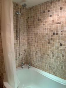 a bathroom with a shower and a toilet and a tub at Cwmbach Cottage nr Hay on Wye in Glasbury