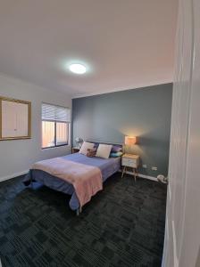 a bedroom with a bed with a blue wall at Park View Holiday Getaway in Perth
