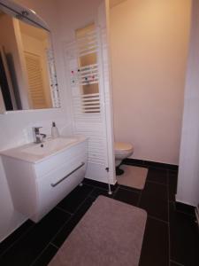 een witte badkamer met een wastafel en een toilet bij 2Room Apartment Wlan Parking Delmenhorst in Delmenhorst