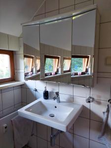 a bathroom with a white sink and mirrors at Gemütliche Ferienwohnung im Harz in Bad Grund