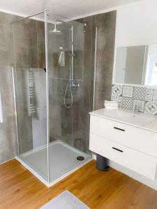 a bathroom with a shower with a sink and a toilet at Gîte du cerisier in Raddon-et-Chapendu