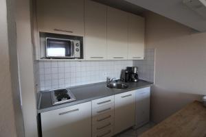 Una pequeña cocina con fregadero y microondas. en Haus Norderhoog Wohnung 54, en Westerland