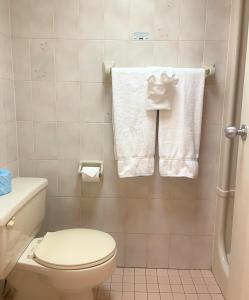 uma casa de banho com WC e toalhas na parede em Travelodge by Wyndham Niagara Falls Lundys Lane em Cataratas do Niágara