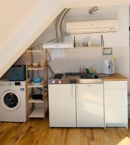 a kitchen with a sink and a washing machine at Minimalist Apartment in Sofia