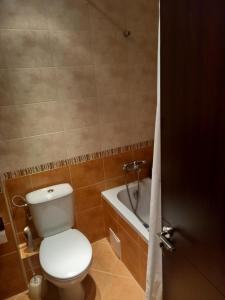 a bathroom with a toilet and a bath tub at Bansko All Seasons - Cozy Apartments Near Gondola & Mountain Views in Bansko