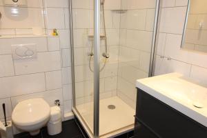 een badkamer met een douche, een toilet en een wastafel bij Haus Norderhoog Wohnung 58 in Westerland +21 foto's
