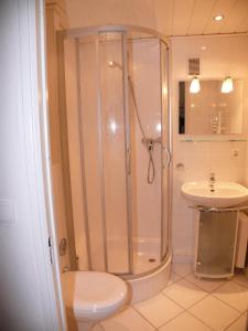 a bathroom with a shower and a toilet and a sink at Haus Nordseeresidenz Wohnung 71 in Westerland