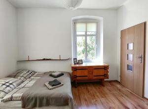 Schlafzimmer mit einem Bett, einem Schreibtisch und einem Fenster in der Unterkunft Apartament Alpejski Duży in Lądek-Zdrój