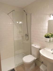a bathroom with a shower and a toilet and a sink at Apartaments Fonda Comerç in Torroella de Montgrí
