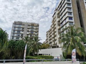dois edifícios altos com palmeiras à frente deles em By The Sea Batu Ferringhi Beach Front Apartment Suite em Batu Ferringhi