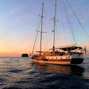 ein Boot, das bei Sonnenuntergang im Wasser schwimmt in der Unterkunft DonnaMarisa in Palermo