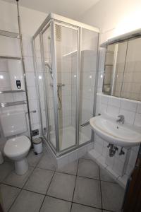 a bathroom with a shower and a toilet and a sink at Haus Norderhoog Wohnung 39 in Westerland +23 photos