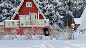 a red house in the snow with a dog in the doorway at Wanderhütte Zum Glückstal in Neuhaus am Rennweg