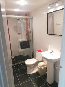 a bathroom with a toilet and a sink and a shower at Cabrero Beach 1111 in Cartagena de Indias