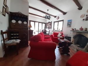 ein Wohnzimmer mit einem roten Sofa und einem Kamin in der Unterkunft Casa vacanze Daniela in Villetta Barrea
