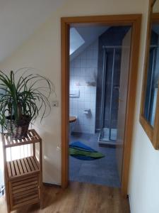 a bathroom with a toilet and a potted plant at Lenzer Ferienidyll am Plauer See in Lenz