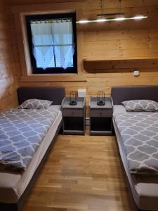 2 aparte bedden in een kamer met een raam bij Blockhaus im Süden Deutschlands in Höchenschwand