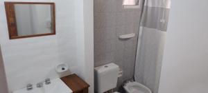 a bathroom with a toilet and a sink and a mirror at Alojamiento El Coco in Puerto Madryn