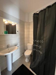 a bathroom with a toilet and a sink and a shower at kochyli studios in Asprovalta