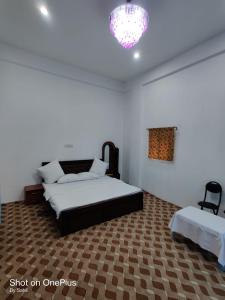 a bedroom with two beds and a chandelier at PALL And SARKAR RESIDENCY in Srinagar