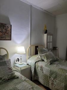 a bedroom with two beds and a table with a lamp at Hostal Viña Malva in Coltauco