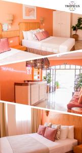un collage de dos fotos de una habitación con 2 camas en Hotel Tropicus Boutique en Puerto Vallarta