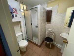 y baño pequeño con aseo y ducha. en Hostal Recuerdos de Familia, en Valparaíso