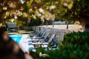 a row of chaise lounge chairs next to a pool at Casa Lima Braga in Braga