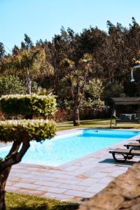 a swimming pool with a picnic table and a bench at Casa Lima Braga in Braga
