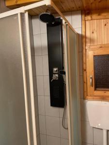 a shower with a glass door in a bathroom at Chalet Sophie in Porlezza