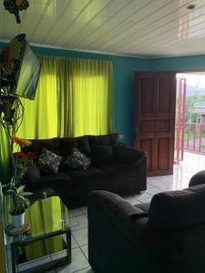 sala de estar con sofá y cortina verde en Volcano view house, en Fortuna
