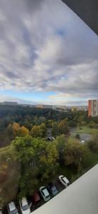 - une vue sur les voitures garées dans un parking dans l'établissement Apartment Kamýk, à Prague