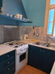 a blue kitchen with a stove and a sink at Mairi Lina Studios in Kala Nera